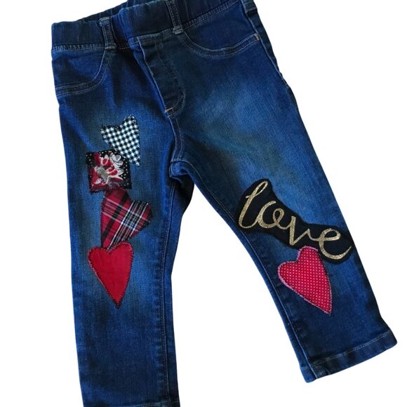 Upcycled Patchwork Jeans, Toddler Size 24 Months: Handmade Heart & Love Patches - Picture 1 of 15